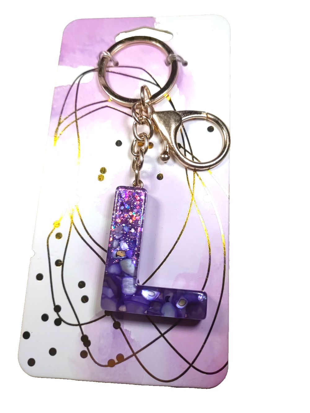 Initial L Keychain Purse Clip Acrylic Glitter Pink Gray